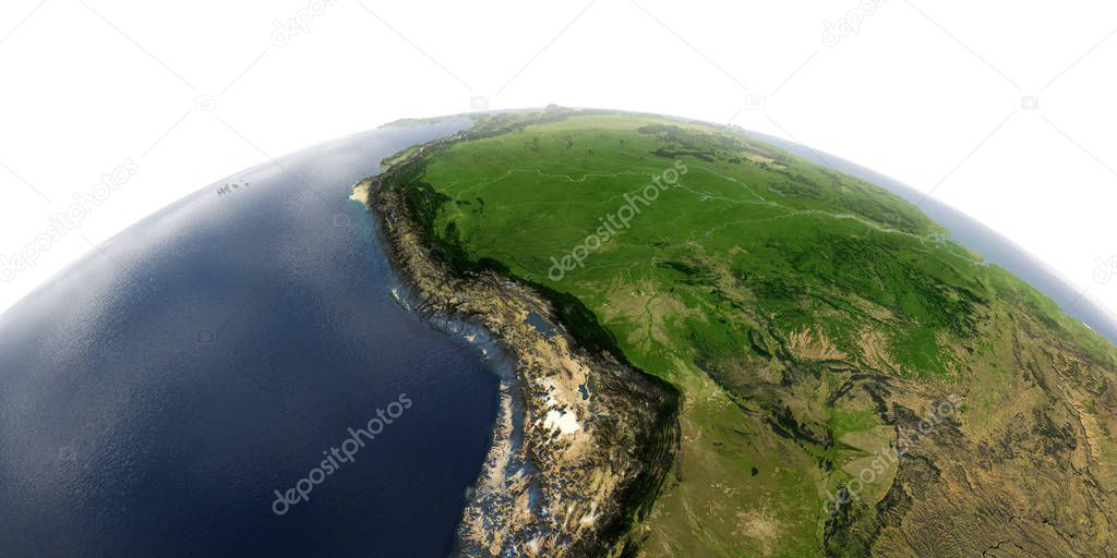 Detailed Earth on white background. Bolivia, Peru, Brazil