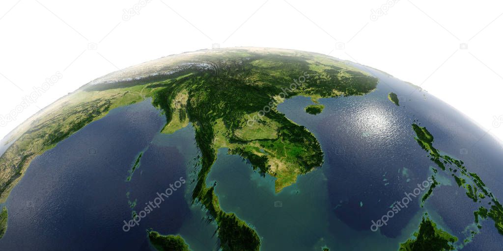 Detailed Earth on white background. Indochina peninsula