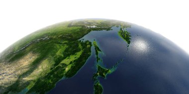 Beyaz arka plan üzerinde ayrıntılı Dünya. Rus Uzak Doğu, Deniz