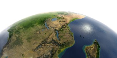 Beyaz arka plan üzerinde ayrıntılı Dünya. Doğu Afrika. Mozambik, Tan