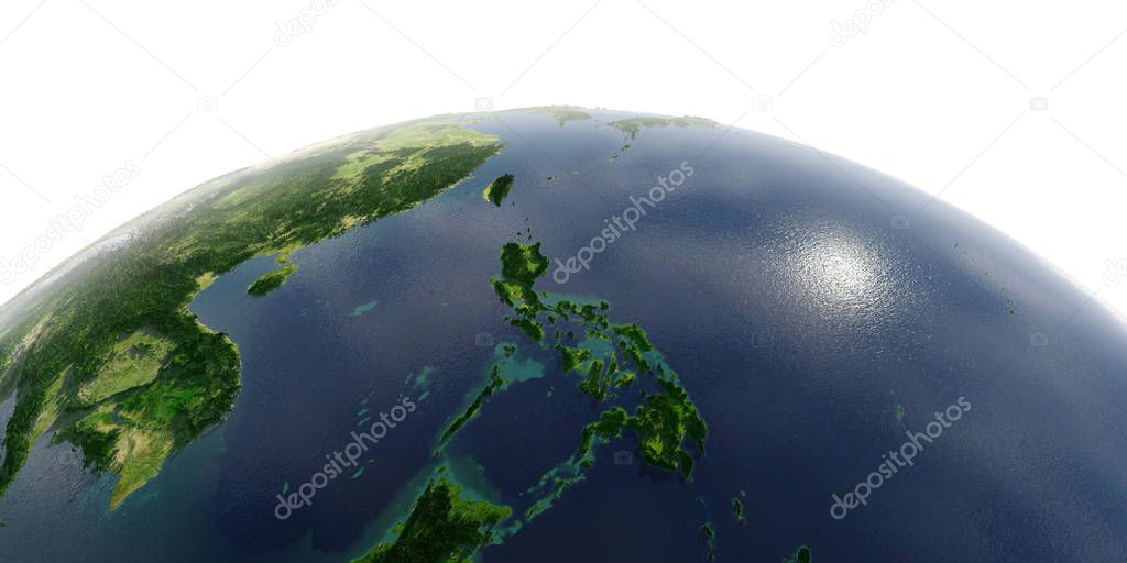 Detailed Earth on white background. Southeast Asia. Philippines