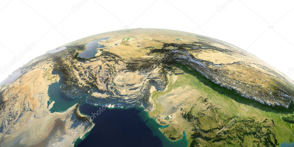 Detailed Earth on white background. South Asia. Pakistan, Afghan