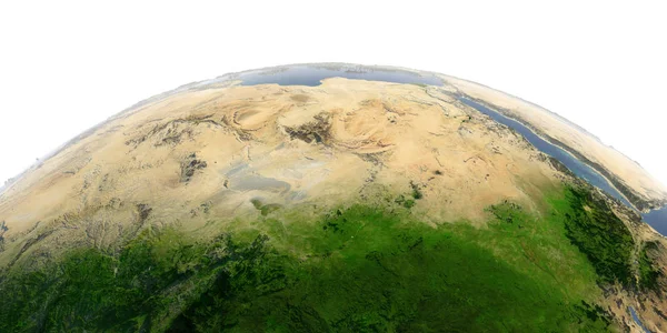 Detaljerad jord på vit bakgrund. Afrika och Europa. Vattnet — Stockfoto
