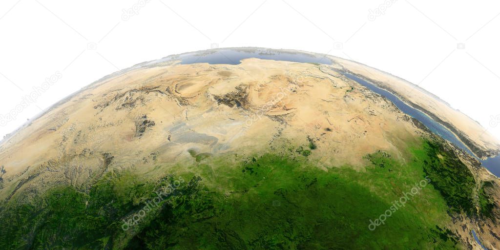 Detailed Earth on white background. Africa and Europe. The water