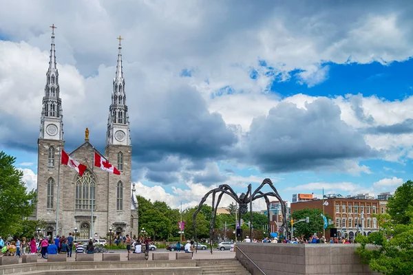 Notre Dame cathedral and Maman spider scuplture in Ottawa, Canad — Stock Photo, Image