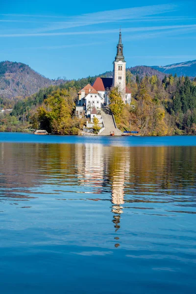 Ilha com uma igreja em Bled — Fotografia de Stock