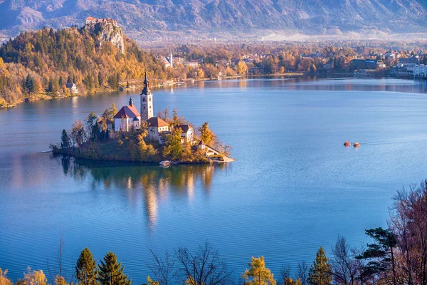 A Bledi-tótól és a templom, Szlovénia — Stock Fotó