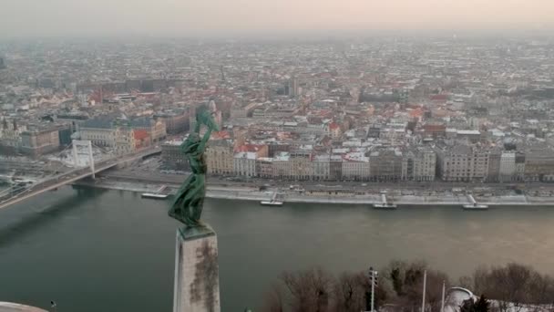 Estátua da liberdade ao nascer do sol, em Budapeste, Hungria — Vídeo de Stock