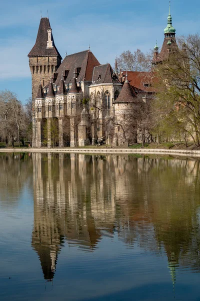 Castelo de Vajdahunyad e o lago em Budapeste, Hungria — Fotografia de Stock