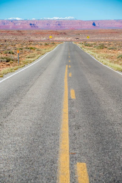 Vista de uma estrada reta sem fim que atravessa o deserto — Fotografia de Stock