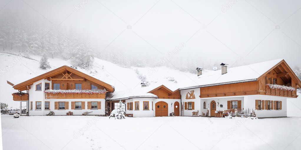 Farm in the snow above Riva di Tures, South Tyrol, Italy