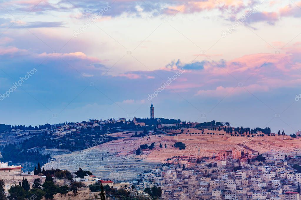 Scenic view of Jerusalem cityscape with Tower of David on a background at sunset