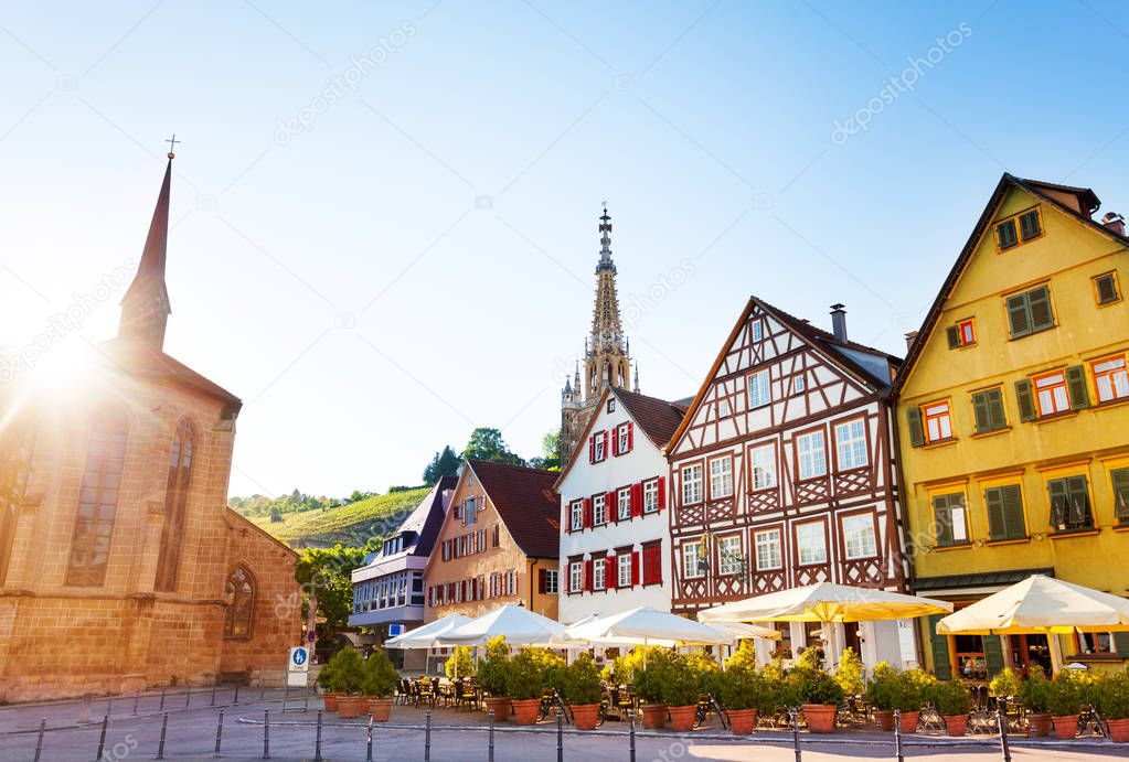 Market Square of Esslingen and spire of Church of Our Lady Frauenkirche in the distance, Germany, Europe