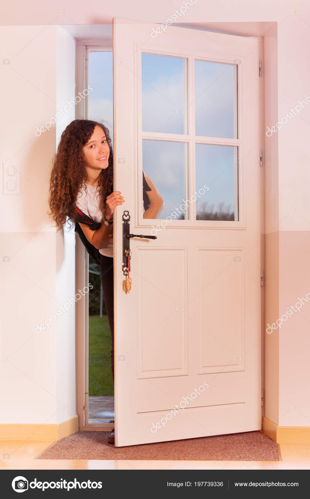 Cute Curly Teenage Girl Looking Front Door Coming Back Home