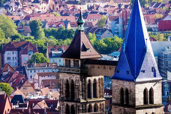 Ovanifrån Esslingen Med Twin Bell Tower Dionysius Kyrka Tyskland Europa — Stockfoto