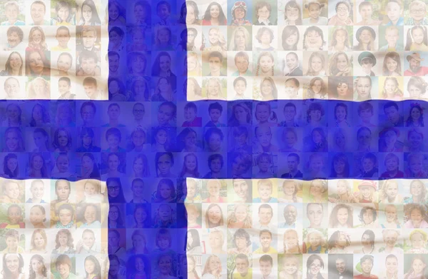 Molti Volti Diversi Uomini Donne Bambini Sulla Bandiera Nazionale Finlandese — Foto Stock