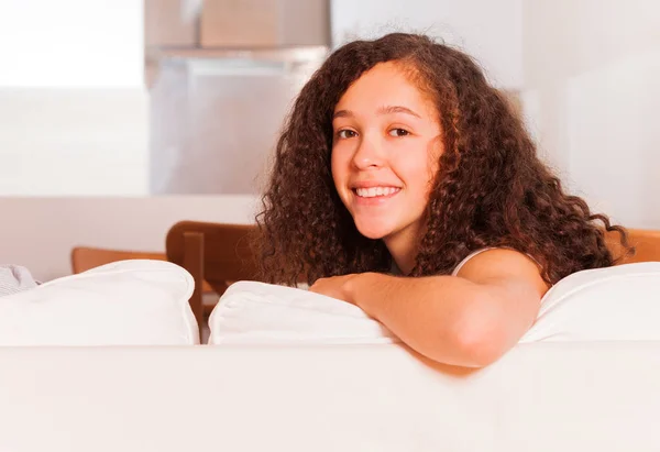 Close Portrait Beautiful Teenage Girl Curly Hair Turned Backwards White — Stock Photo, Image