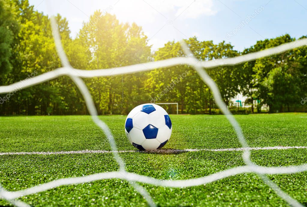 Football soccer children school ball behind the gate net on stadium field