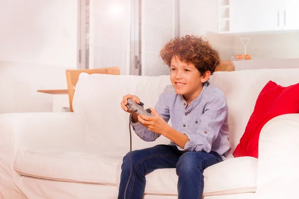 Portrait Cheerful Schoolboy Playing Video Game Sitting Sofa Living Room — Stock Photo, Image