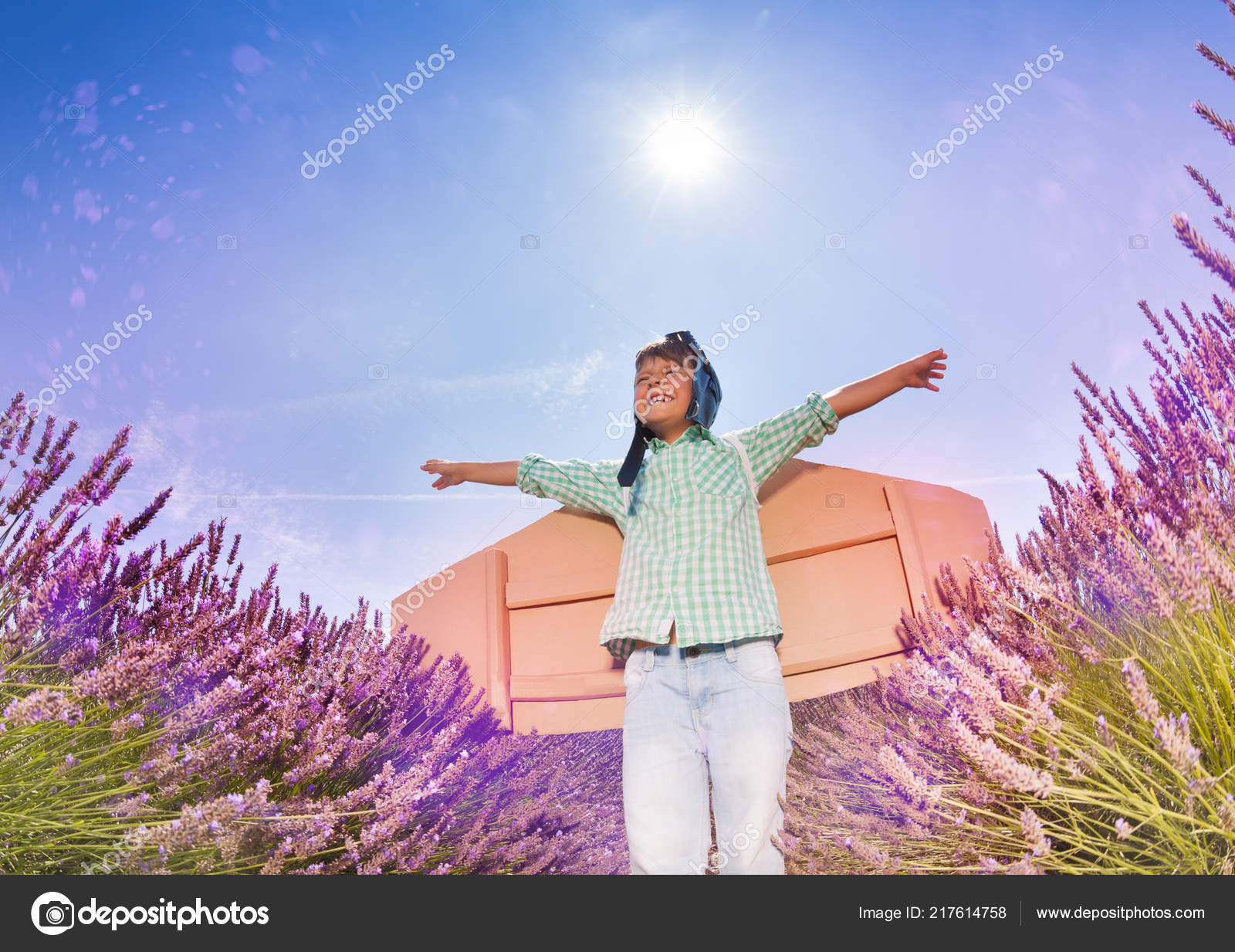 Low Angle Shot Cute Little Boy Standing His Hands While Stock