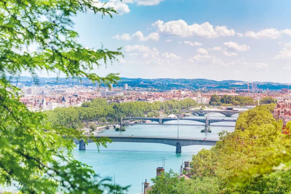 Letecký Pohled Lyon Mosty Přes Řeku Rhone Francie Evropa — Stock fotografie