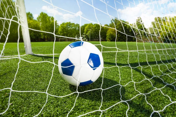 Pallone Calcio Cancelli Sul Campo Gioco Attraverso Rete Del Cancello — Foto Stock