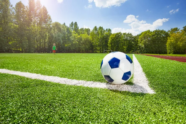 Angolo Palla Sul Campo Gioco Dello Stadio Calcio — Foto Stock