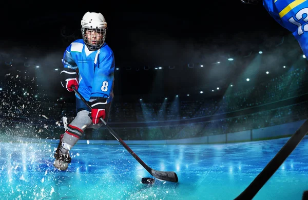 Portrait Teenage Hockey Player Passing Puck Competition Stadium — Stock Photo, Image