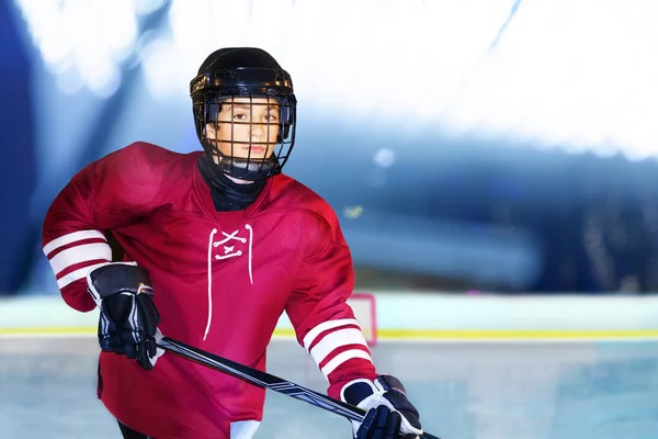 Portrait Teenage Boy Wearing Protective Equipment Playing Ice Hockey Stadium — Stock Photo, Image