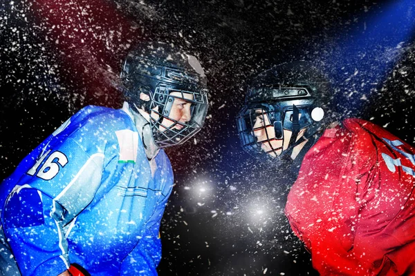 Close Portrait Two Teenage Boys Ice Hockey Players Standing Face — Stock Photo, Image