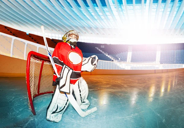 Δευτερεύων Άποψης Πορτρέτο Των Νέων Goaltender Φοράτε Προστατευτικό Εξοπλισμό Στέκεται — Φωτογραφία Αρχείου