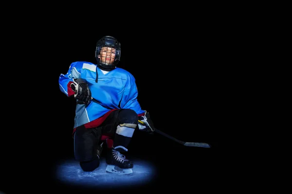 Portrait Teenage Boy Professional Hockey Player Stick Standing One Knee — Stock Photo, Image