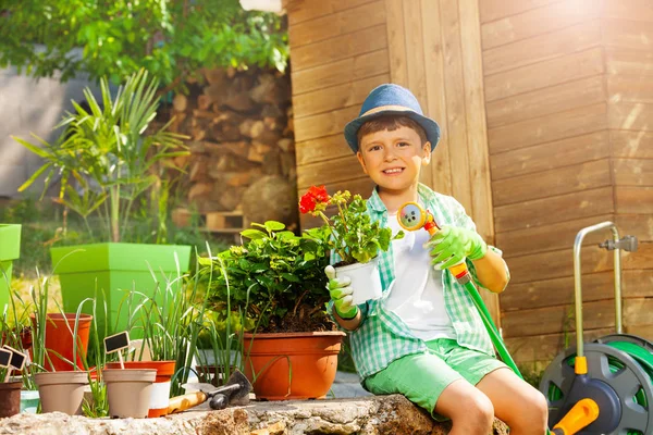 Portrait Cute Boy Watering Plants Garden Sunny Day Smiling Looking — Stock Photo, Image