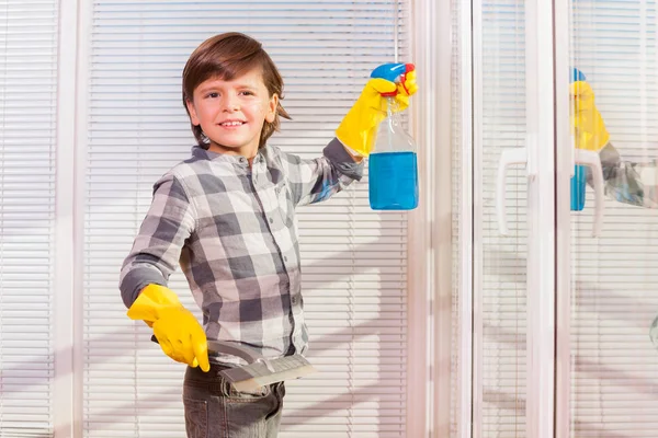 Portrait Seven Years Old Boy Yellow Rubber Gloves Washing Windows — Stock Photo, Image