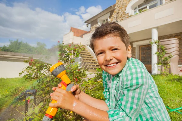 Close Portrait Happy Boy Watering Garden Hand Sprinkler Summer — Stock Photo, Image