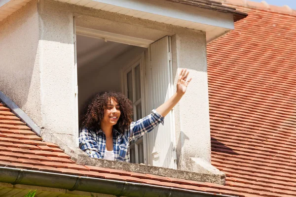 Portrait Happy African Girl Teenager Waving Hand While Looking Out — Stock Photo, Image