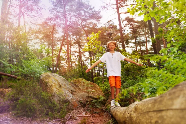 Ragazzo Cammina Sopra Log Nella Foresta Tenendo Equilibrio Con Mano — Foto Stock