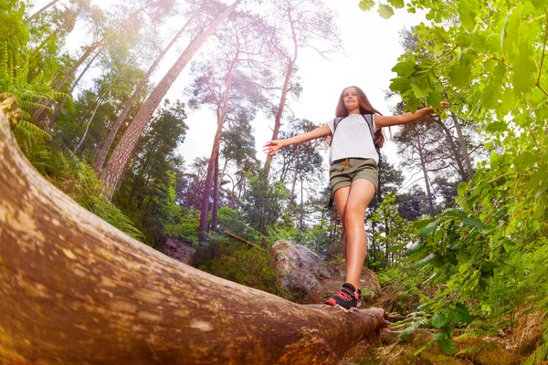 Girl Walks Big Log Balancing Hands Forest Summer Camp Activities — Stock Photo, Image