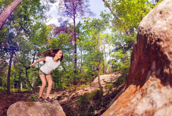 Girl Jump High One Rock Another Forest Stretched Hands Legs — Stock Photo, Image