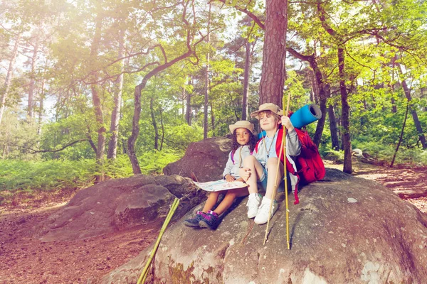 Dwoje Dzieci Chłopiec Dziewczynka Siedzieć Kamieniu Lesie Podczas Piesze Wycieczki — Zdjęcie stockowe