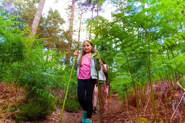 Menina Com Amigos Caminhar Floresta Durante Férias Atividade Acampamento — Fotografia de Stock