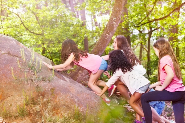 Grupo Niños Pequeños Trepan Roca Bosque Uno Tras Otro Vista —  Fotos de Stock