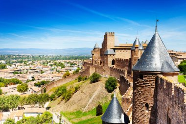 Cityscape modern Carcassonne Ortaçağ kenti, Fransa, Avrupa Batı sur görüntülendi