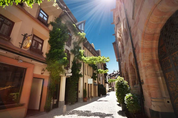 Wąska Ulica Miasta Freiburg Breisgau Słoneczny Dzień Niemcy Europa — Zdjęcie stockowe