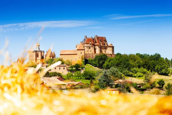 Panoramautsikt Över Medeltida Hill Top Byn Biron Frankrike Europa — Stockfoto