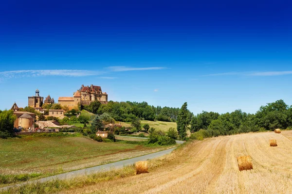 Landsbygden Sommarlandskap Med Höbalar Fältet Och Chateau Biron Kulle Bakgrunden — Stockfoto