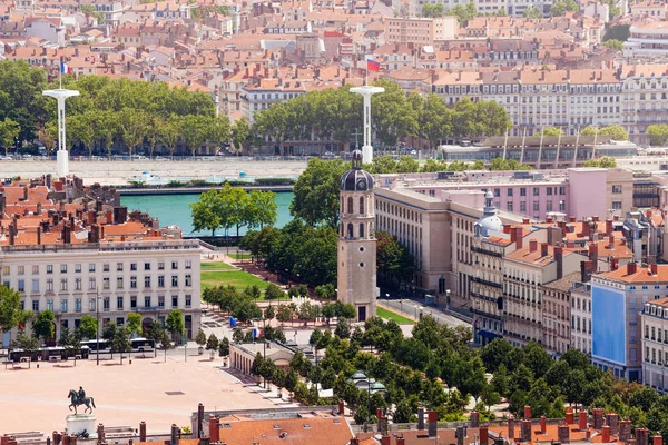 Piękny Widok Lyon Głównego Placu Place Bellecour Dzwon Wieża Antonin — Zdjęcie stockowe