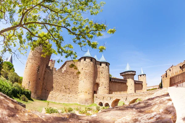 Entrada Para Castelo Comtal Ponte Que Liga Frente Bárbaro Carcassonne — Fotografia de Stock