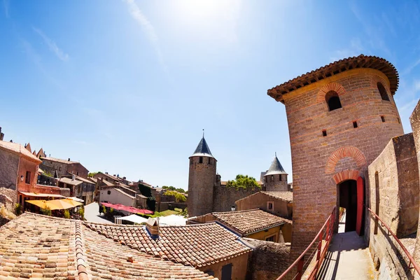 Torens Stadsmuren Van Carcassonne Citadel Zonnige Dag Frankrijk Europa — Stockfoto