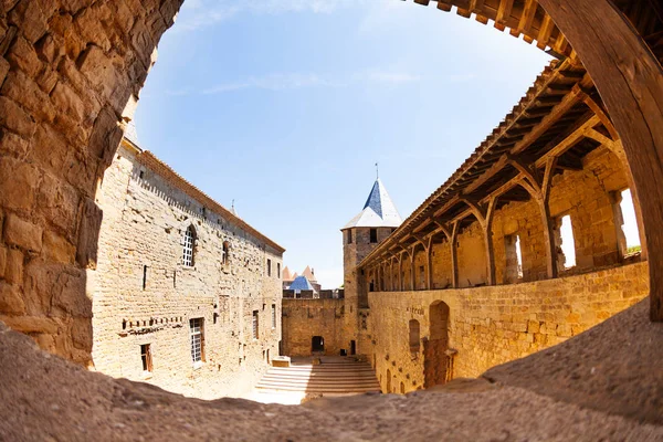 Fish Eye Picture Chateau Comtal Inner Courtyard Carcassonne Citadel France — Stock Photo, Image